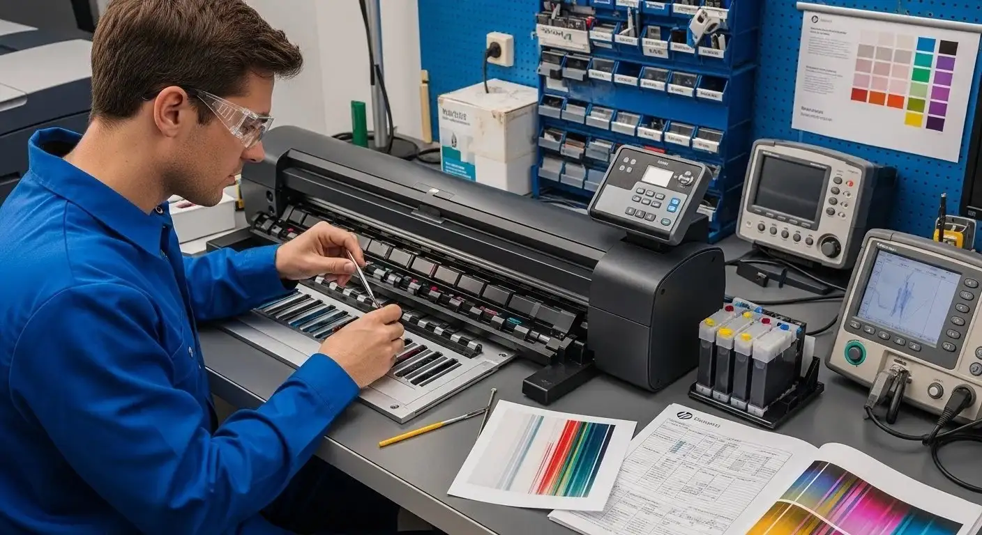 Technician servicing an HP large format printer during hp designjet maintenance, inspecting and adjusting printheads and color cartridges.